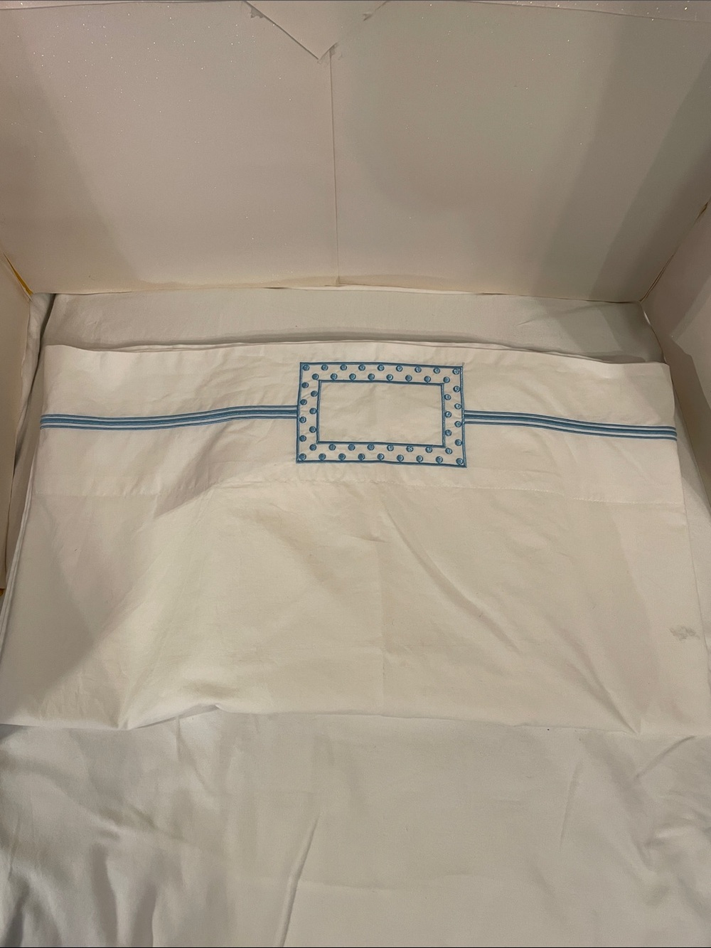 Pottery Barn Teen White twin flat sheet Sky Blue Embroidered Stripe and Frame